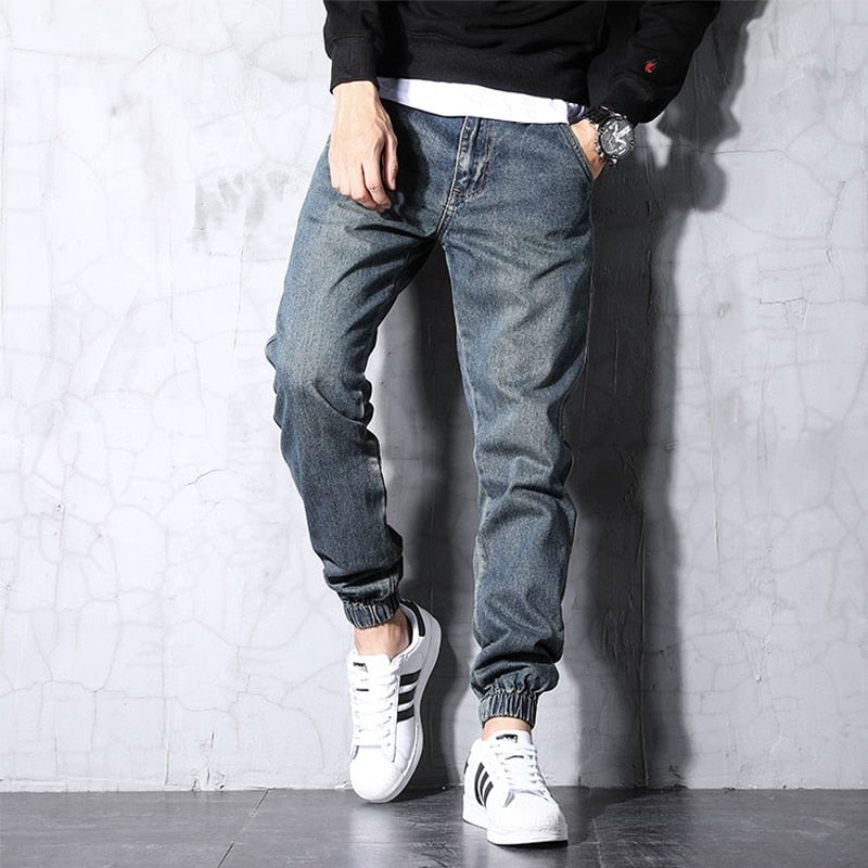 Japanese Style Men Jeans Vintage Loose Denim Cargo Pants Streetwear Hip Hop  Harem Jeans Men Sky Blue 33